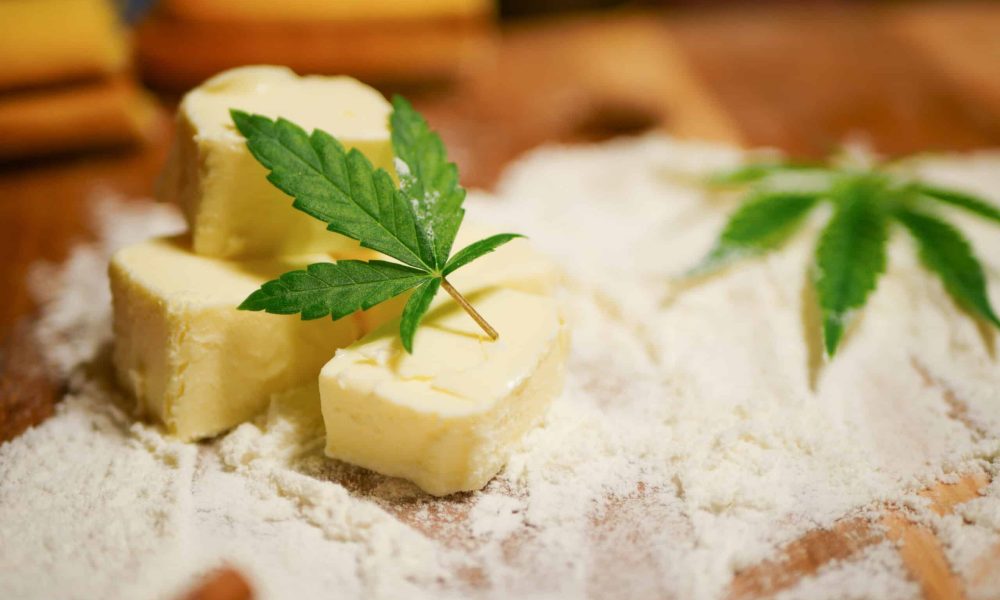 Cannabis butter. Marijuana leaf. CBD edibles. Cooking with weed