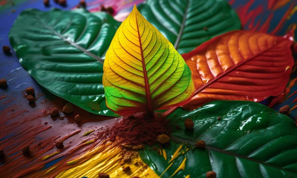 An abstract surreal photograph of a Kratom (Mitragyna speciosa) splashed in bright paint,  Generative AI technology.